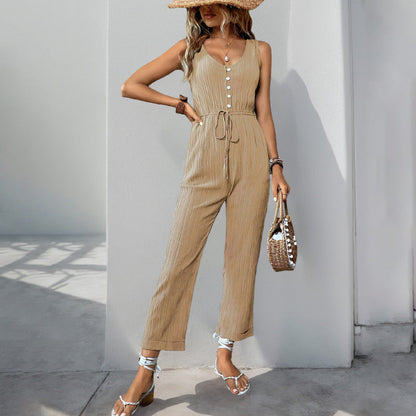 Women’s Jumpsuit – Textured Fabric – Sleeveless V-Neck – Relaxed Fit – Belted Waist