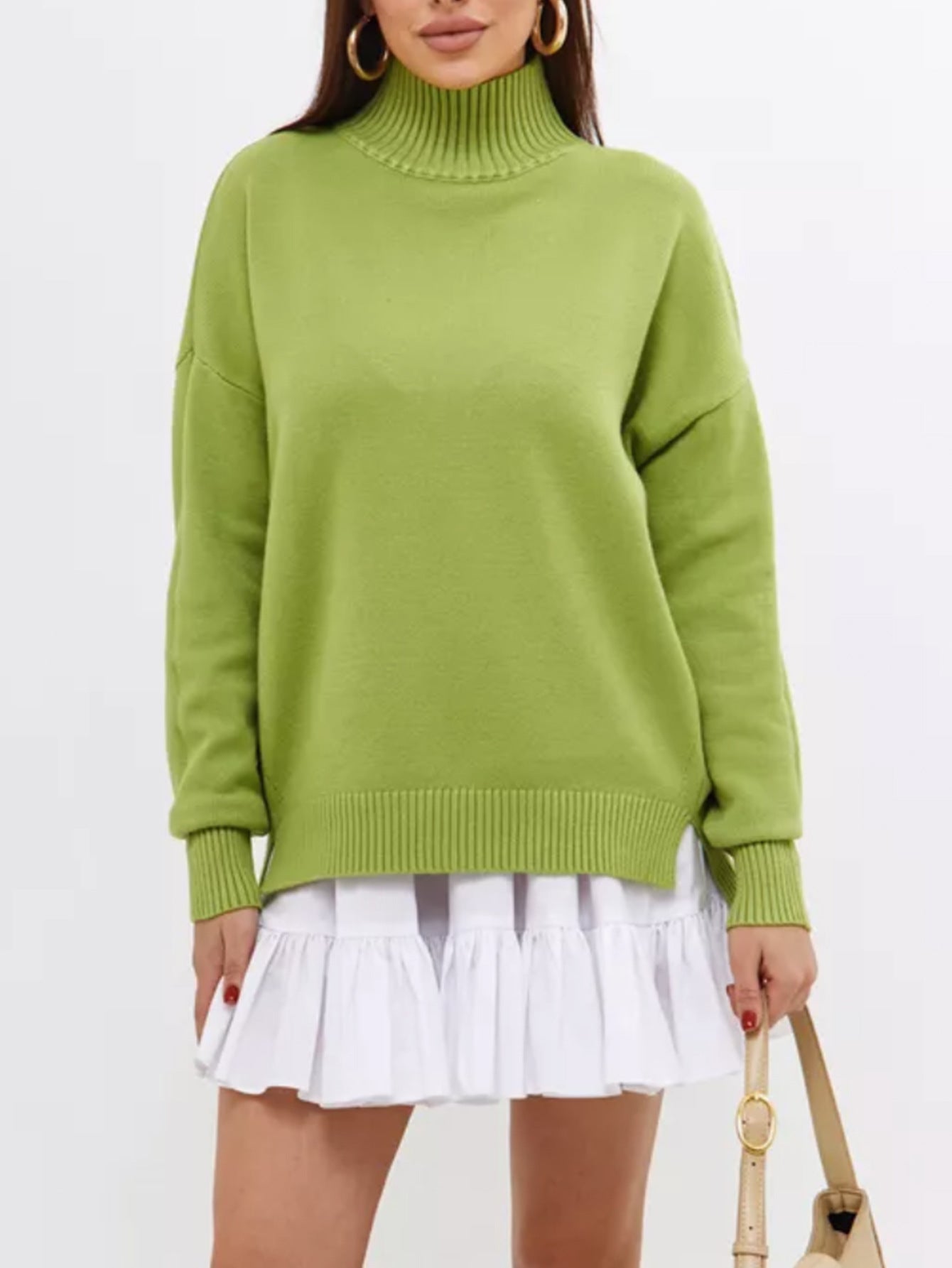 Women’s Pullover Sweater – Soft Ribbed Knit – Oversized Fit – Semi-High Neck – Casual