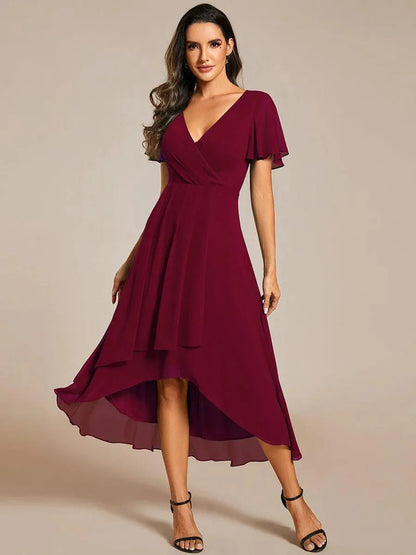 Women's Asymmetric Hem Dress - V-Neck - Flared Short Sleeves - Elegantly Draped