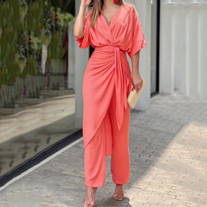 Women’s Two-Piece Set – V-Neck Wrap Top – Batwing Sleeves – Flowing Relaxed Fit