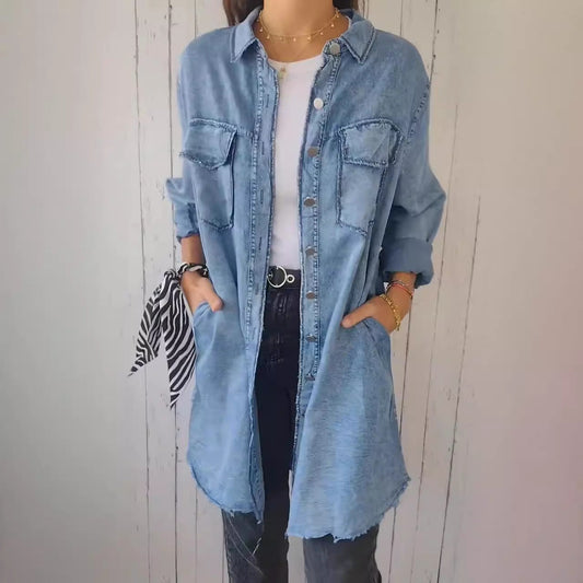 Women’s Denim Jacket – Longline Loose Fit – Distressed – Patch Pockets – Raw Hem