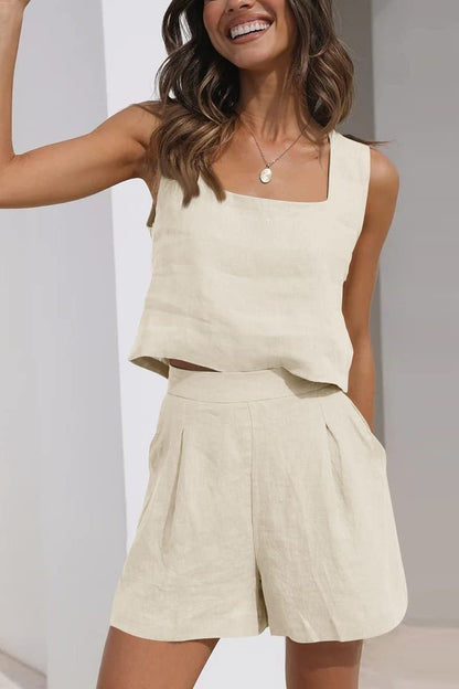Women’s Two-Piece Set – Linen Blend – Cropped Sleeveless Top – High Waist Pleated Shorts