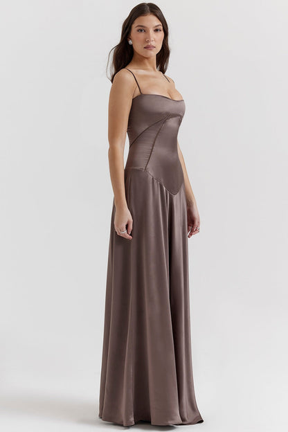 Women’s Evening Gown – Satin Full Length – A-Line Fit – Spaghetti Straps – Cut-Out Waist