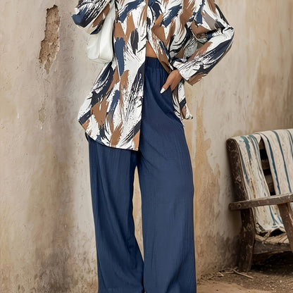 Women’s Two-Piece Set – Relaxed Fit – Long-Sleeve Cotton Shirt – Wide-Leg Pants