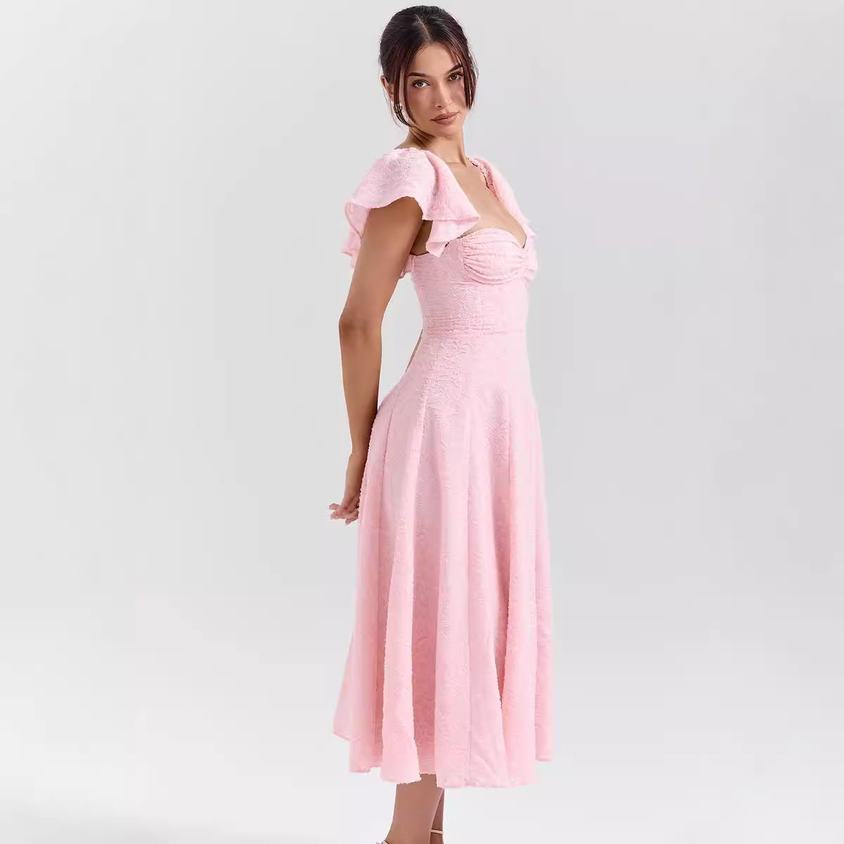 Women’s Midi Dress – Off-Shoulder – Flared Fit – Jacquard Texture – Sweetheart Neckline