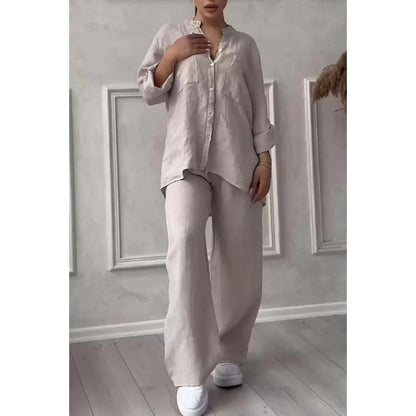 Women’s Shirt and Pants Set – Linen Blend – Relaxed Fit – Wide Leg – Button Down Top