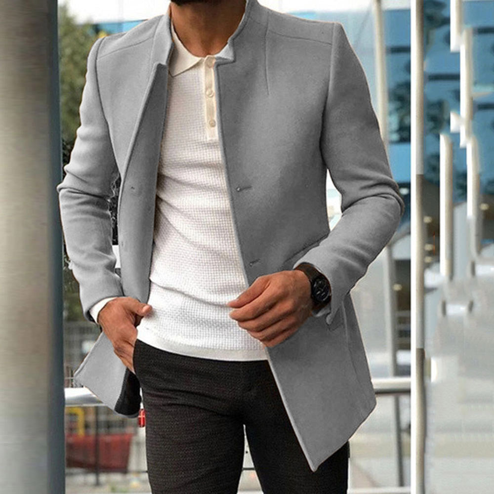 Men’s Overcoat – Slim Fit – Structured Silhouette – Standing Collar – Hidden Placket