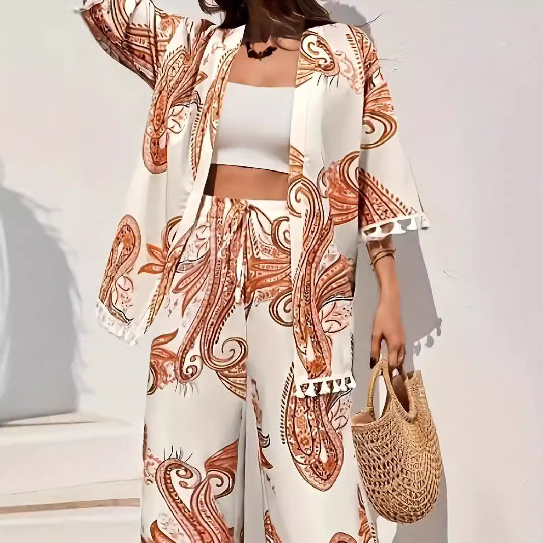 Women’s Kimono Cardigan – Relaxed Fit – Paisley Print – Tassel Hem – Breathable Blend