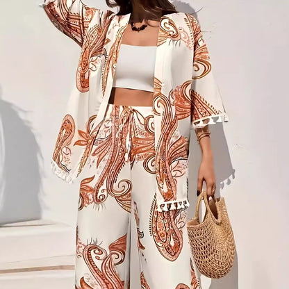 Women’s Kimono Cardigan – Relaxed Fit – Paisley Print – Tassel Hem – Breathable Blend