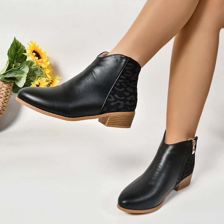 Women’s Ankle Boots – Pointed Toe – Chunky Heel – Leopard Panel – Side Zipper