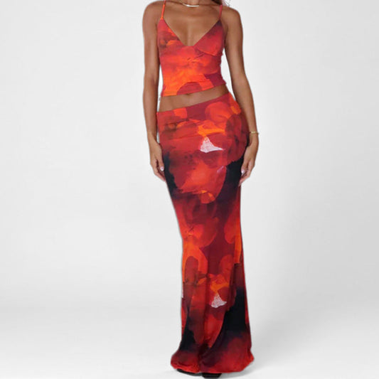 Women’s Vest and Maxi Skirt Set – Satin Finish – Fitted Silhouette – Deep V-Neck