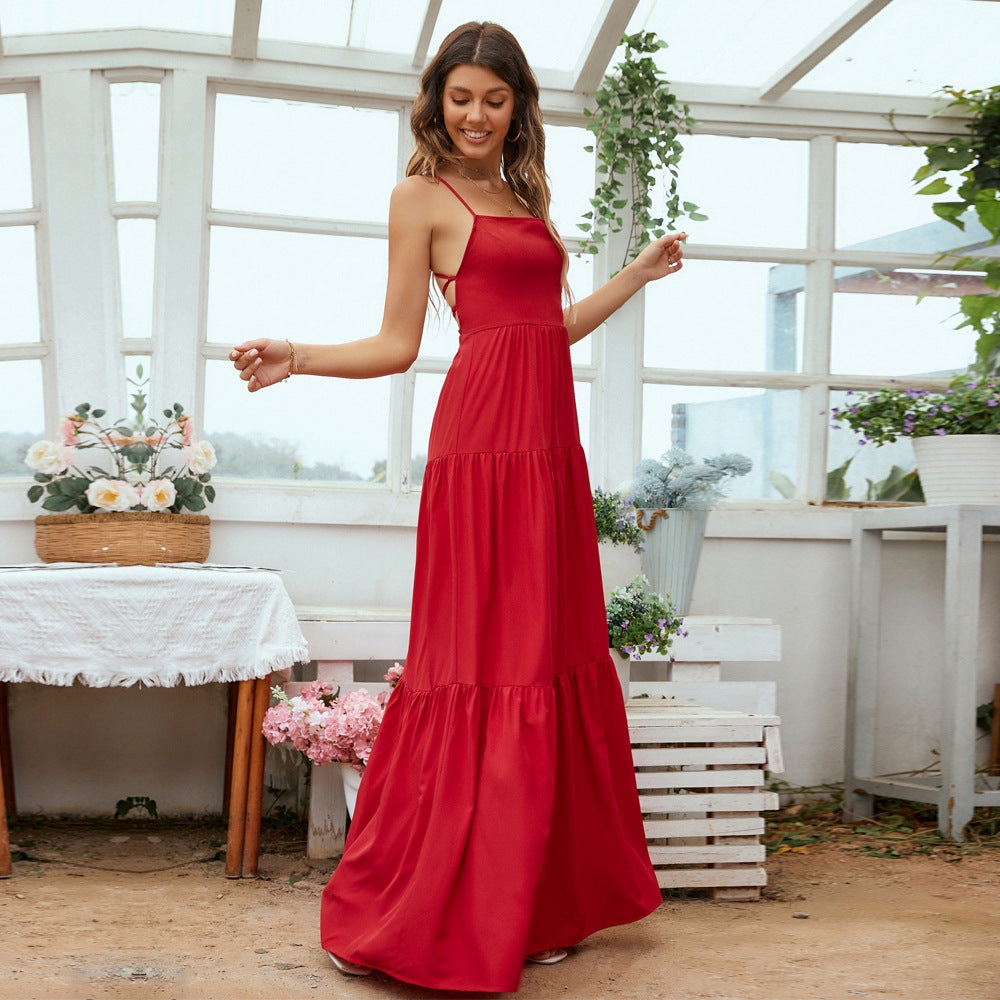 Women’s Evening Gown – Satin Look – Tiered Skirt – Backless – Spaghetti Straps