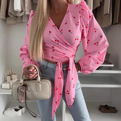 Women’s Wrap Top – Fitted Silhouette – Deep V-Neck – Long Sleeve – Tie Waist – Printed