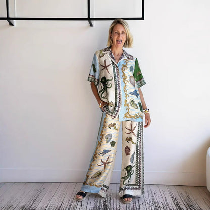 Women’s Shirt and Pants Set – Linen Blend – Relaxed Fit – Wide Leg – Marine Print