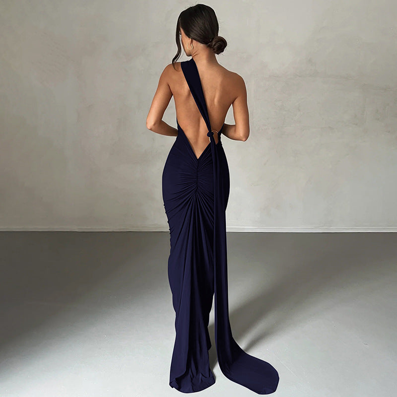 Women’s Sleeveless Dress – Slim Fit – One Shoulder – Ruched Full-Length Formal Wear