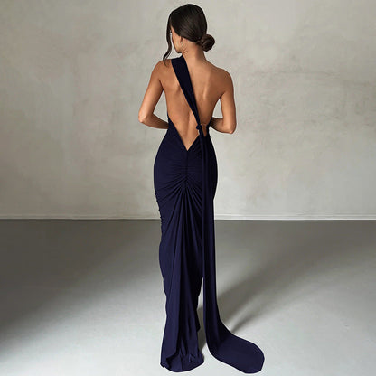Women’s Sleeveless Dress – Slim Fit – One Shoulder – Ruched Full-Length Formal Wear