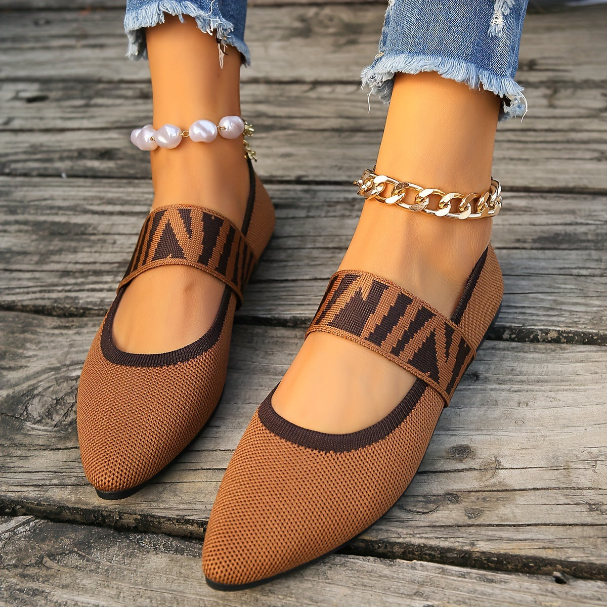 Women’s Loafers – Pointed Toe – Flat Sole – Breathable Knit – Woven Strap Detail