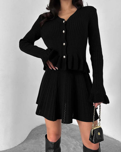 Women’s Knit Set – V-Neck Button Top – Ribbed Soft Knit – Flared Mini Skirt