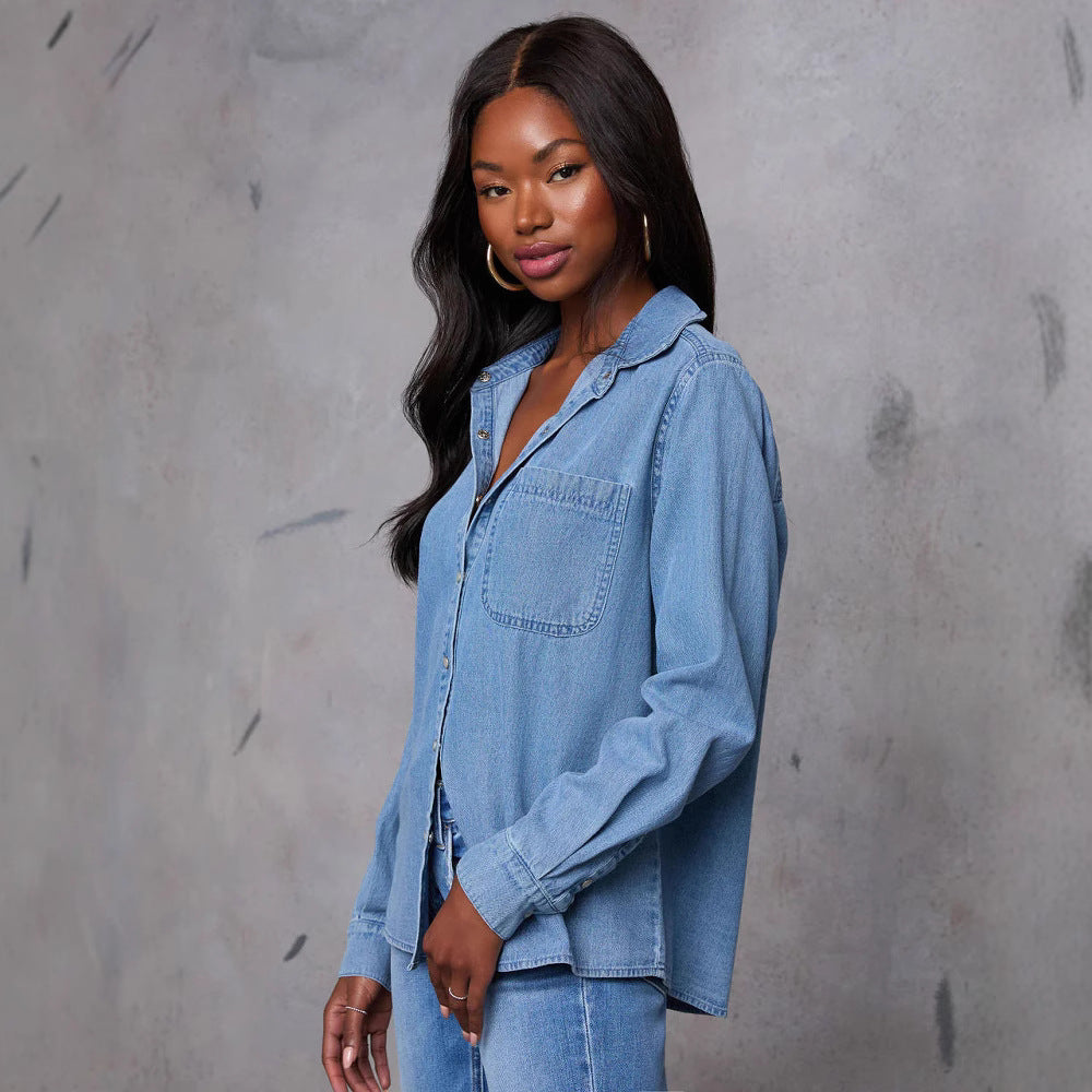 Women’s Denim Shirt – Relaxed Fit – Long Sleeve – Button Front – Casual Style