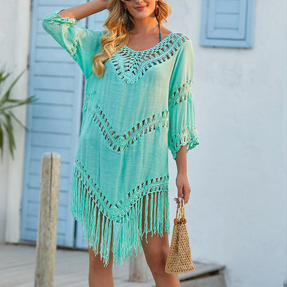 Women’s Cover-Up Dress – Relaxed Fit – Crochet Detail – Fringe Trim – Breathable Blend