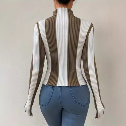 Women’s Knit Top – Slim Fit – Ribbed Texture – Mock Neck – Long Sleeve Soft Knit