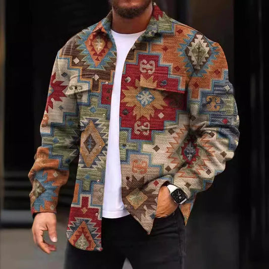 Men’s  Denim Jacket – Regular Fit – Geometric Pattern – Button Front Casual Layering