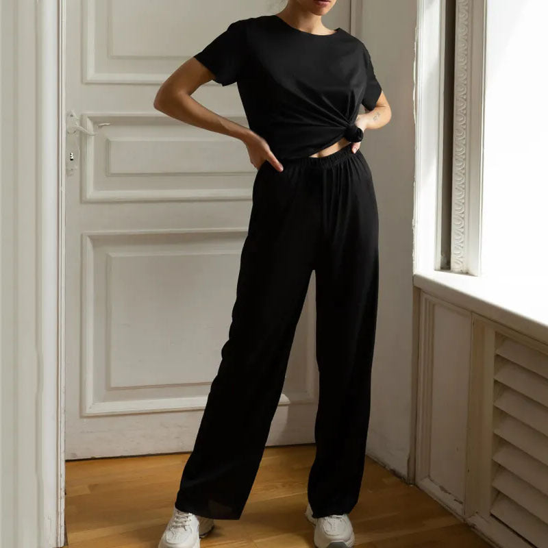 Women’s Lounge Set – Soft Knit – Cropped Top – Wide-Leg Pants – Relaxed Fit