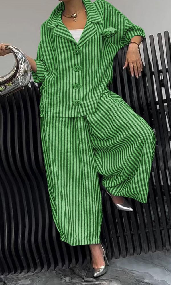 Women’s Two-Piece Set – Relaxed Fit – Cotton Blend – Striped – Notched Lapel – Button Front