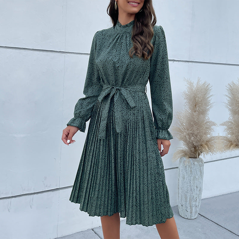 Women’s Midi Dress – Slim Fit – Long Sleeve – High Neck – Belted Waist