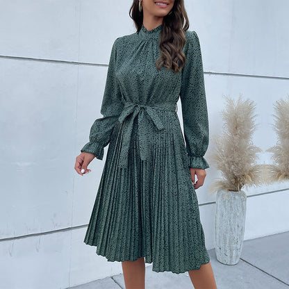 Women’s Midi Dress – Slim Fit – Long Sleeve – High Neck – Belted Waist