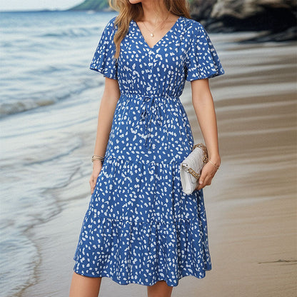 Women’s Midi Dress – A-Line Fit – Button-Down – Puff Sleeves – Polka Dot – Cotton