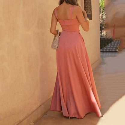 Women’s Maxi Dress – Slim Fit Bodice – Flowing A-Line Skirt – Spaghetti Straps – Side Slit