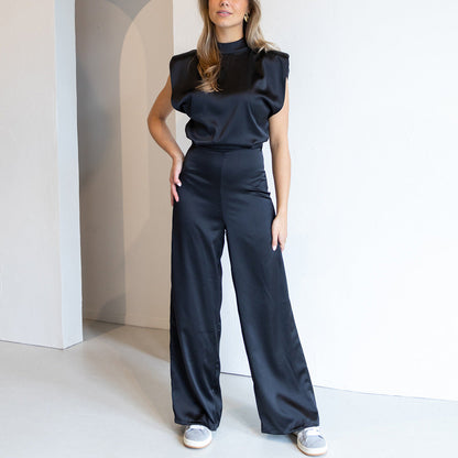 Women’s Jumpsuit – Satin Finish – Wide Leg – High Neck – Sleeveless – Open Back