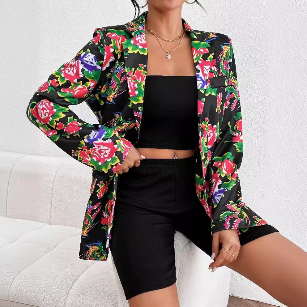 Women’s Blazer – Slim Fit – Silk Feel – Floral Print – Button Closure – Hip Length