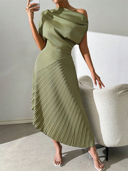 Women’s Midi Dress – One Shoulder – Satin Finish – Pleated Skirt – Fitted Silhouette