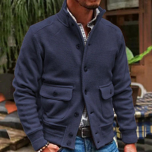 Men’s Jacket – Slim Fit – High Collar – Soft Textured Fabric – Button Front – Flap Pockets