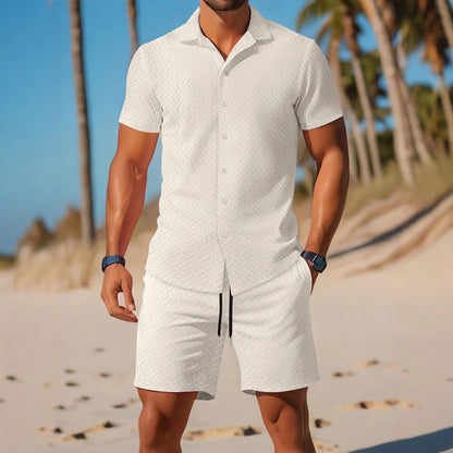 Men’s Shirt and Shorts Set – Slim Fit – Embossed Texture – Lightweight Cotton Blend