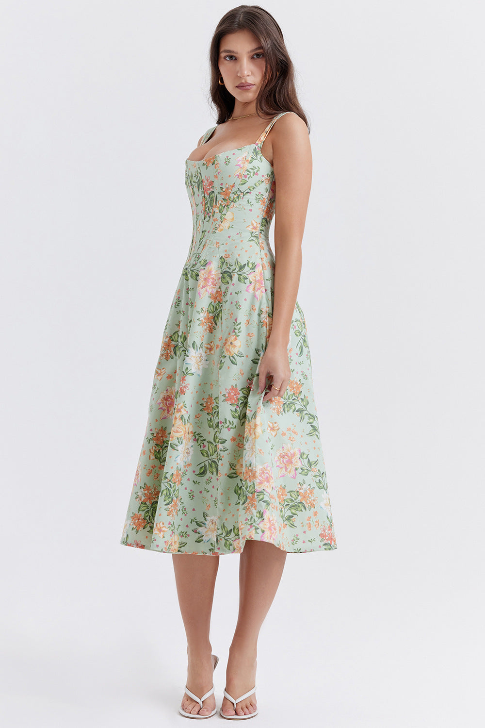 Women's Dress - Floral Print - Corset Bodice - Side Slit - Sleeveless