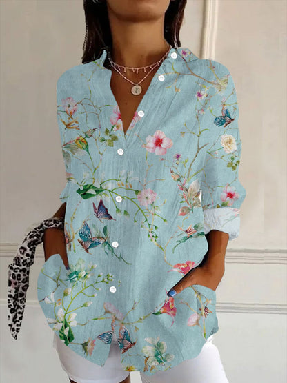 Women’s Shirt – Relaxed Fit – Embossed Floral Pattern – Button-Up – V-Neck – Cotton Blend