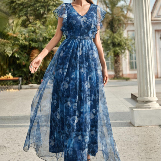 Women’s Maxi Dress – Flowing Fit – Sheer Fabric – V-Neck – Floral Ruffle Sleeves