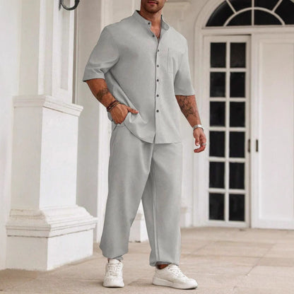 Men's Casual Set – Cotton Linen Blend – Relaxed Fit – Short Sleeve Shirt & Pants