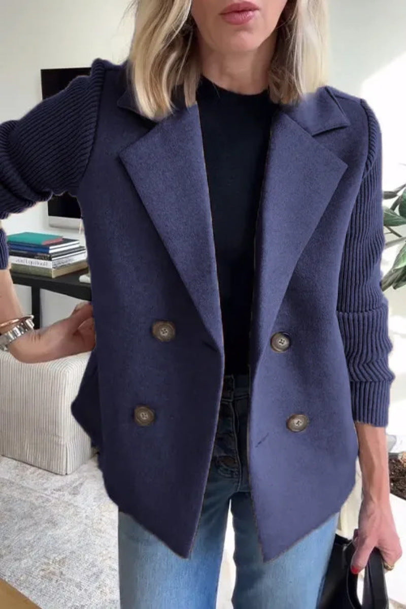 Women’s Blazer – Oversized Fit – Double-Breasted – Soft Knit Sleeves – Hip Length