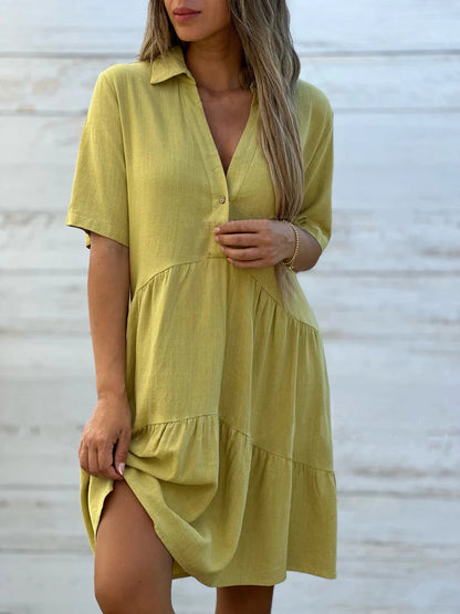 Women’s Casual Dress – Natural Fibers – Relaxed Fit – Tiered – Collared – Short Sleeve