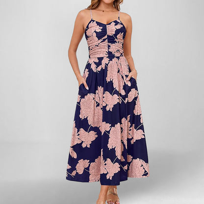 Women’s Sundress – A-Line Fit – Shirred Bodice – Floral Print – Spaghetti Straps – Midi Length – Pockets
