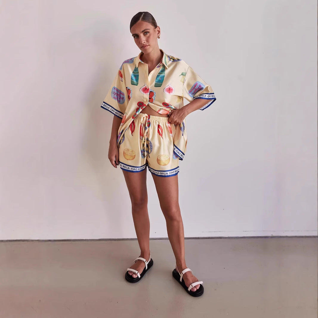 Women’s Lounge Set – Satin Look – Relaxed Fit – Button Shirt & Drawstring Shorts