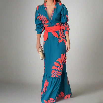 Women’s Maxi Dress – Bold Print – V-Neck – Puff Sleeve – Belted Waist – Flowy Fit