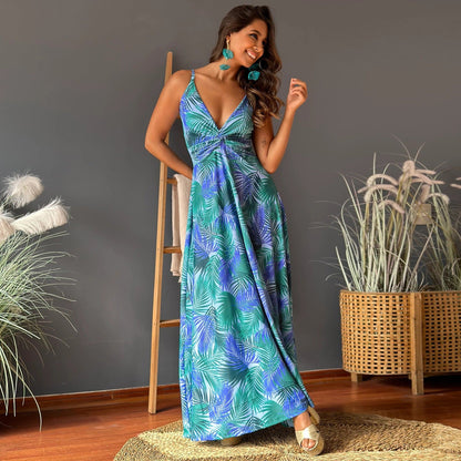 Women’s Maxi Dress – Sleeveless V-Neck – Twist Front – A-Line – Printed Pattern