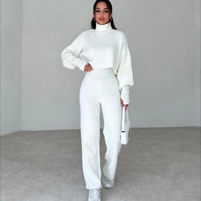 Women’s Lounge Set – Soft Knit Relaxed Fit – High Neck Crop Top – Wide Leg Pants
