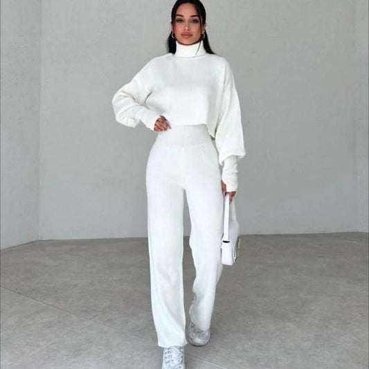 Women’s Lounge Set – Soft Knit Relaxed Fit – High Neck Crop Top – Wide Leg Pants
