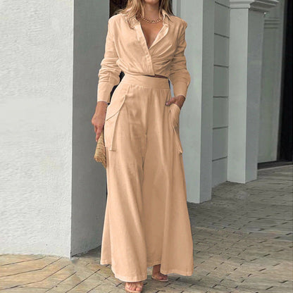 Women’s Two-Piece Set – Tailored Blouse – High-Waisted Wide-Leg Pants – Cotton Blend